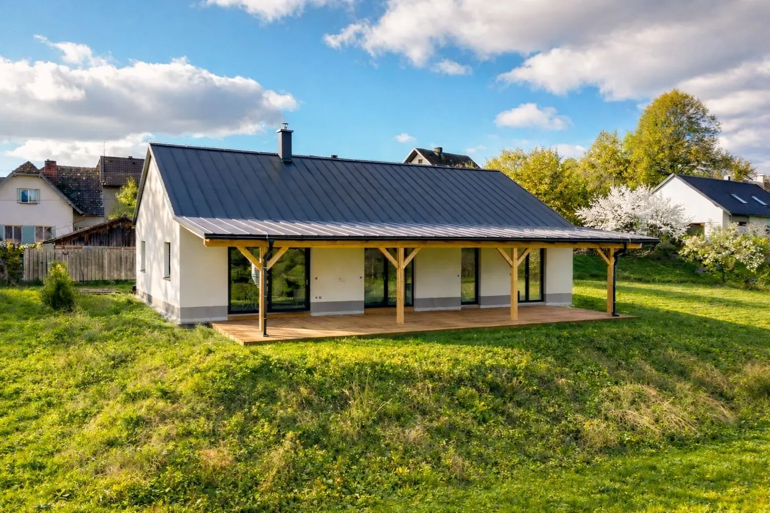 Zastřešená terasa domu orientovaná do zeleně